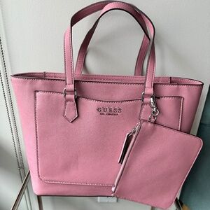 PINK GUESS LEATHER TOTE BAG WITH WRISTLET